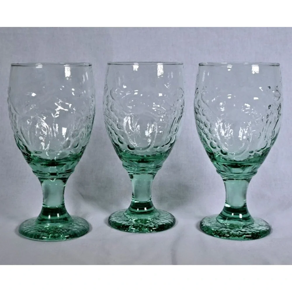 Set of 3 Vintage Libbey Spanish Green Orchard Fruit Goblets 16 oz Glass